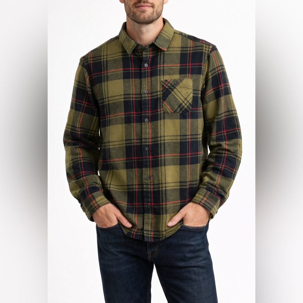 Alpine Design Flannel Shirt Large Green Plaid Cotton Blend Button Forest Green